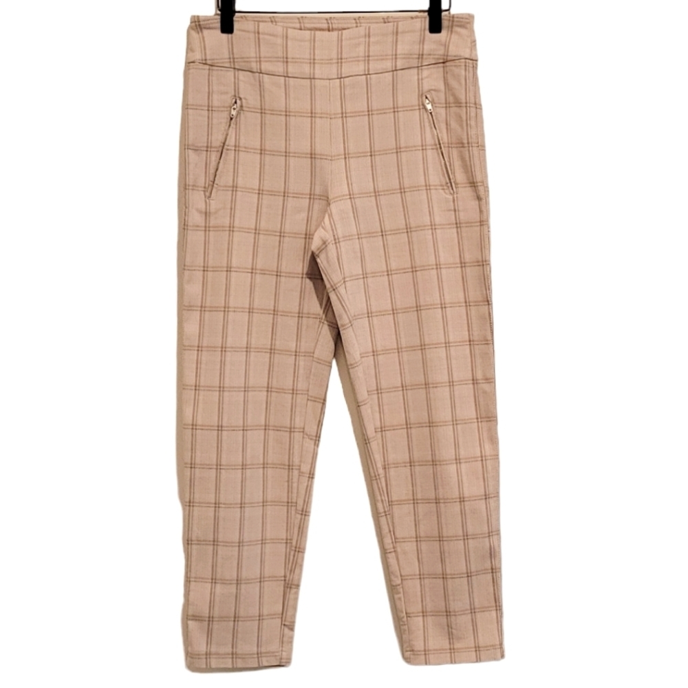 Zac & Rachel Spring Plaid Pull On Pants Stretch Gingham Neutral Tan Nude EUC 8